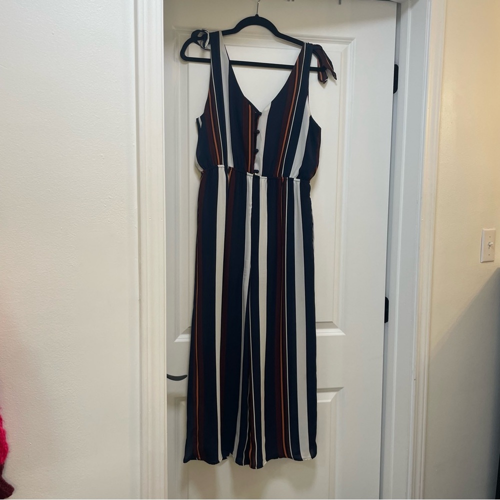 Sienna Sky Striped Maxi Jumpsuit Deep V-Neck - Navy, Maroon, White, and Orange